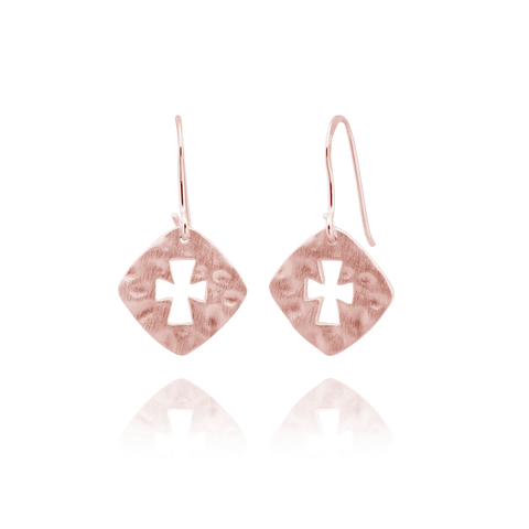 Hammered Finish Square with Cross Earrings