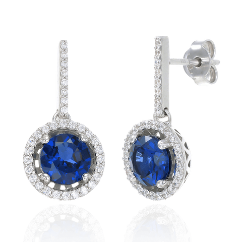 Sparkling Round Halo Blue Sapphire Earrings