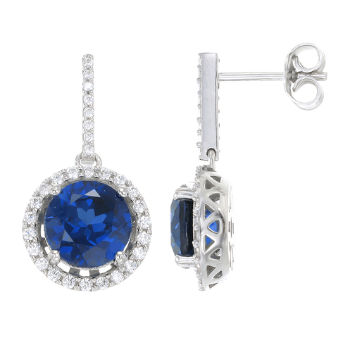 Classic Round Blue Sapphire Drop Earrings with Halo