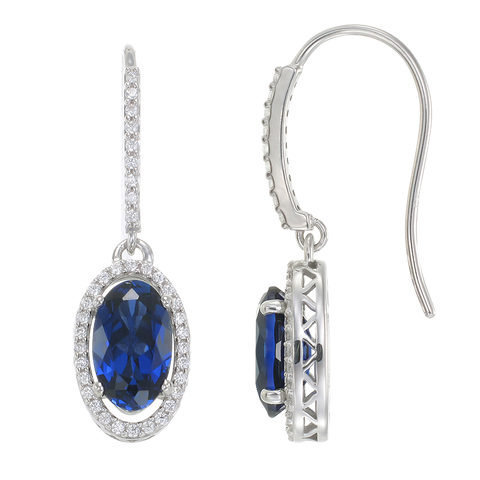 Oval Blue Sapphire Drop Earrings with Halo