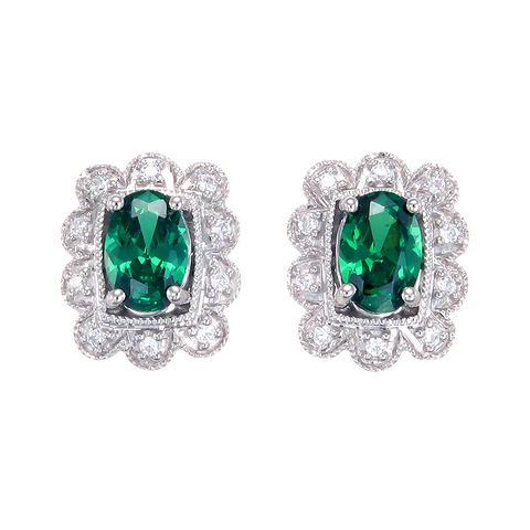 Green Scalloped Filigree Earrings with Halo