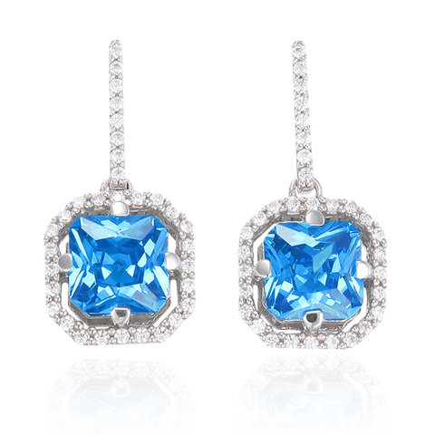 Elegant Sparkling Blue Drop Earrings with Halo