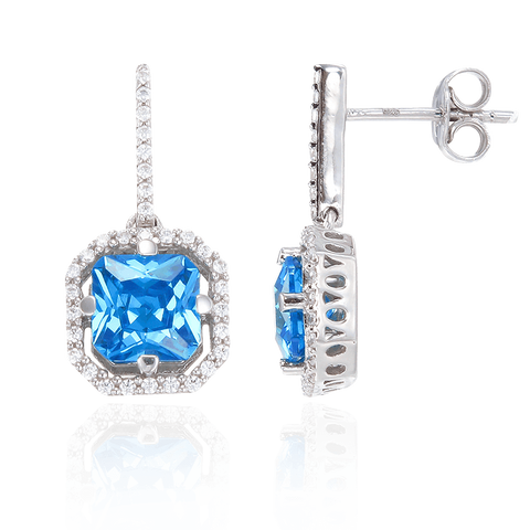 Elegant Sparkling Blue Drop Earrings with Halo