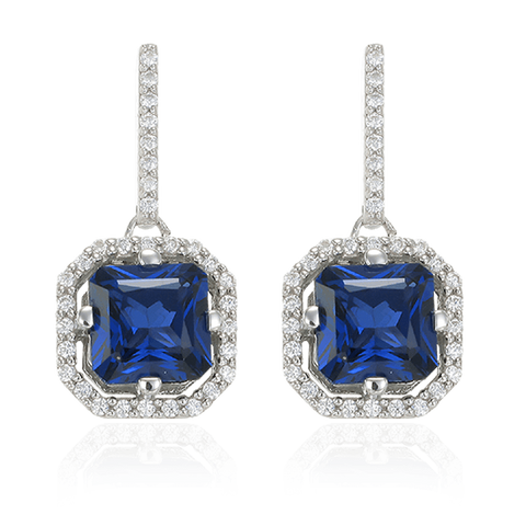 Elegant Sparkling Sapphire Blue Drop Earrings with Halo