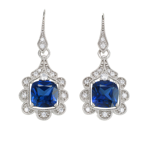 Blue Sapphire Earrings with Scalloped Halo