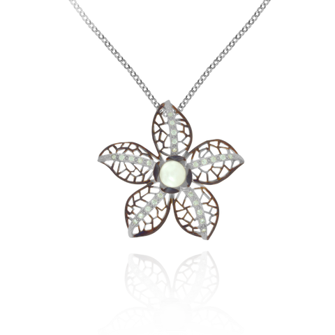 Ember Filigree Flower with Pearl Center and Sparkling Petals Pendant