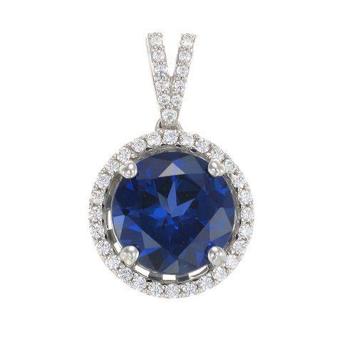 Classic Round Blue Sapphire Pendant with Halo