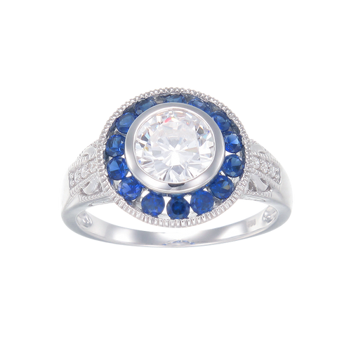 Vintage Inspired Bezel Setting Ring with Blue Sapphire Halo