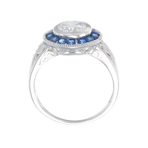 Vintage Inspired Bezel Setting Ring with Blue Sapphire Halo
