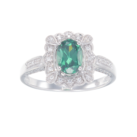 Green Scalloped Filigree Ring with Halo