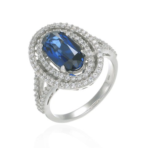 Double Halo Ring with Blue Sapphire