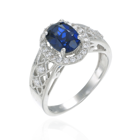 Blue Sapphire Ring with Sparkling Filigree Band