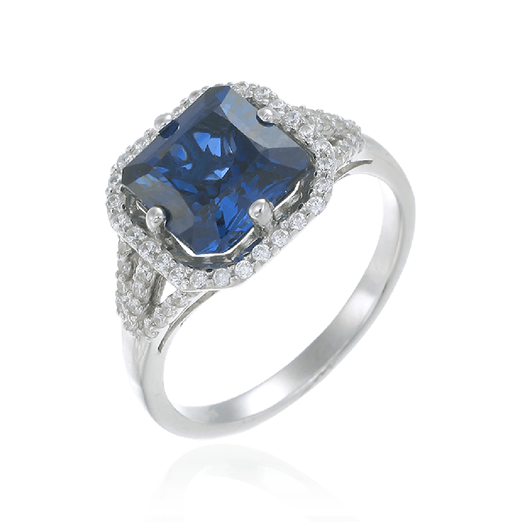 Elegant Sparkling Sapphire Blue Ring with Halo