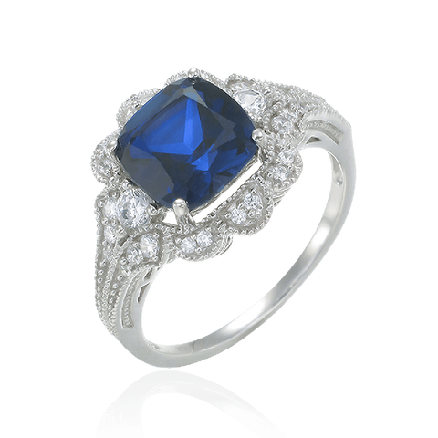 Blue Sapphire Ring with Scalloped Halo