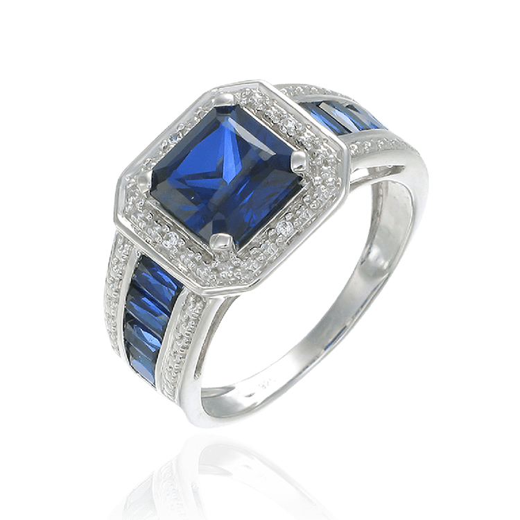 Blue Sapphire Accented Emerald Cut Ring