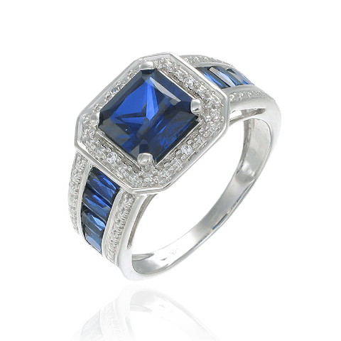 Blue Sapphire Accented Emerald Cut Ring