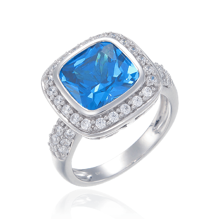 Sparkling Blue Cushion Cut Ring with Halo