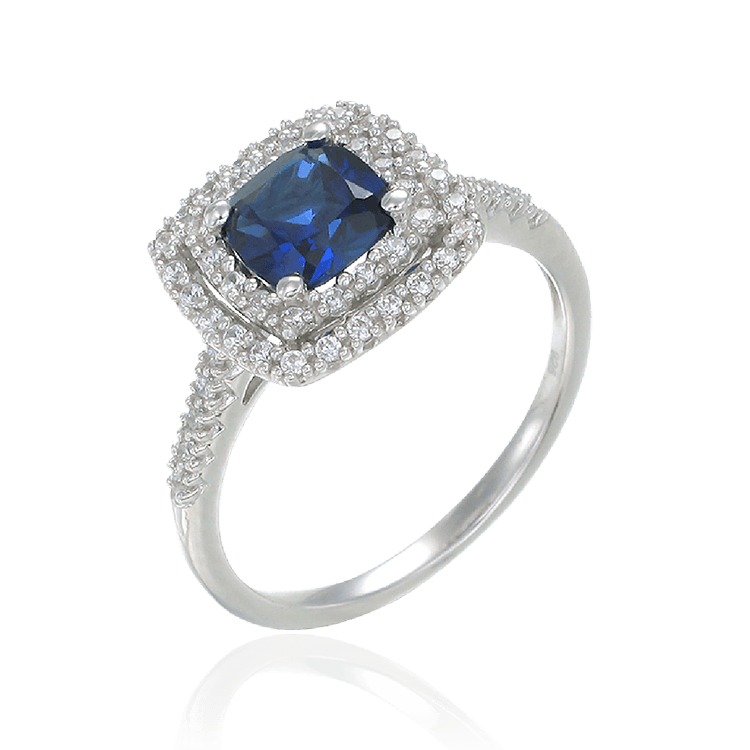 Raised Double Halo Blue Sapphire Ring