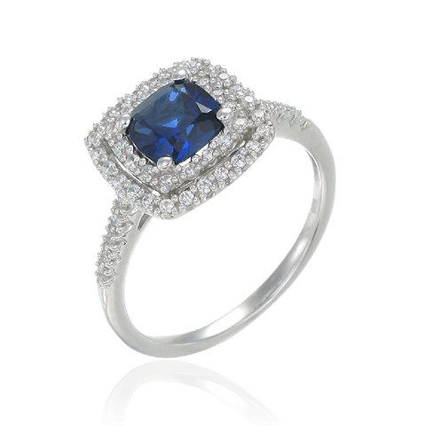 Raised Double Halo Blue Sapphire Ring