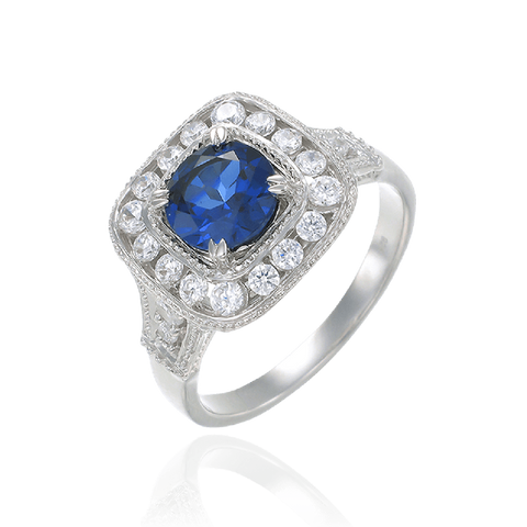 Cushion Set Sapphire Ring with Halo